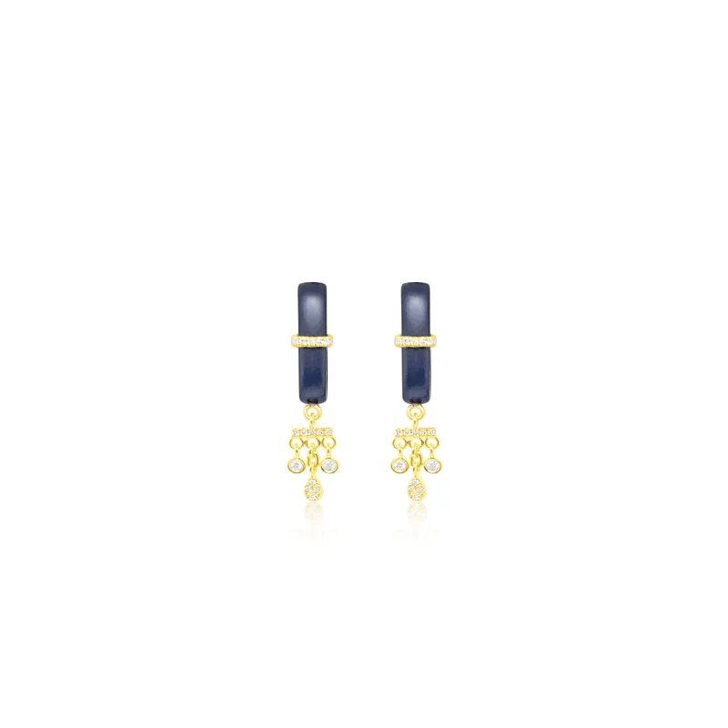Blue Rhodium Yellow Gold Hanging Diamond Bezel Stud Hoops sold by Meira T