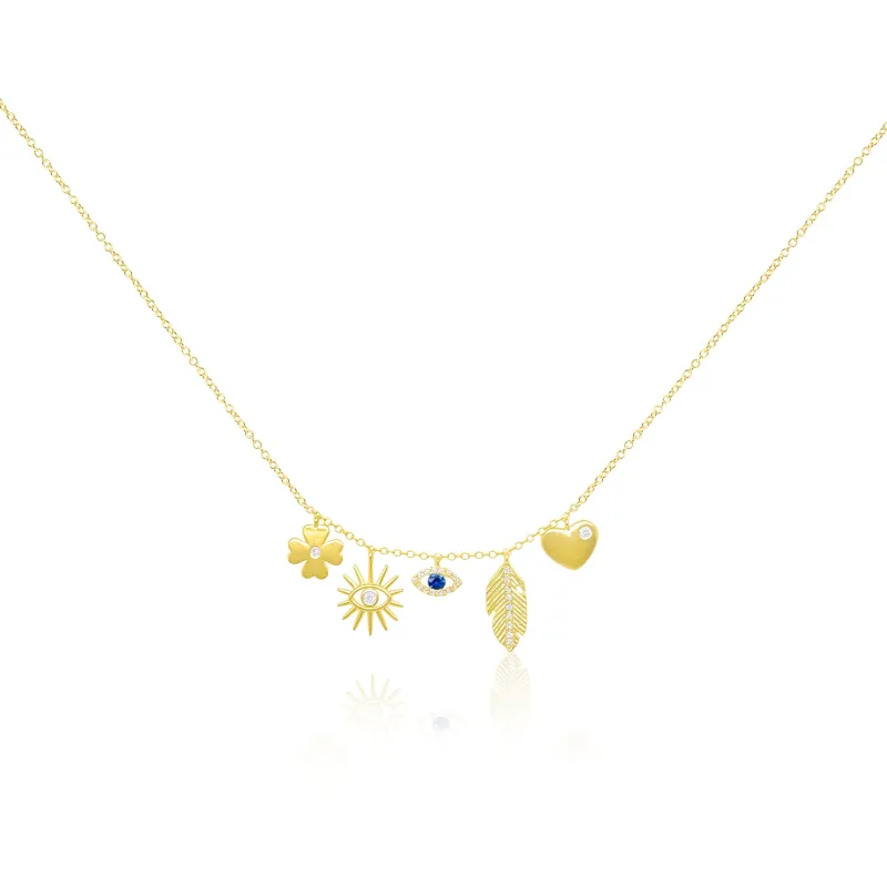 14 Kt Brushed Gold Blue Sapphire Evil Eye, Flower, Sun, Leaf, and Heart Diamond Charm Necklace sold by Meira T