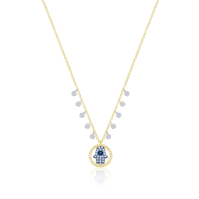 14kt Yellow Gold Blue Sapphire Hamsa Diamond Necklace sold by Meira T