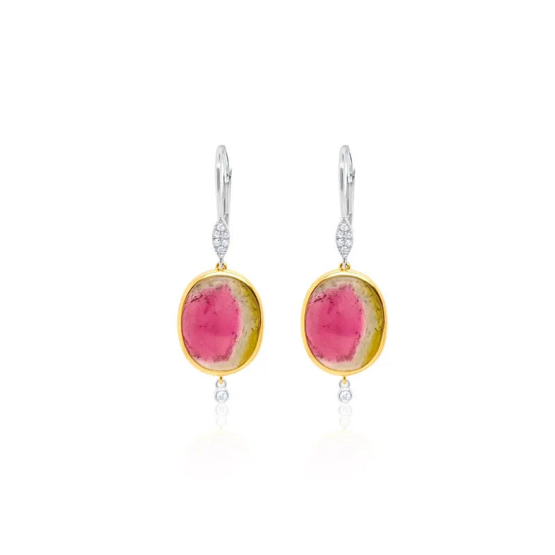 14kt Two Tone Circle Watermelon Tourmaline Diamond earrings sold by Meira T