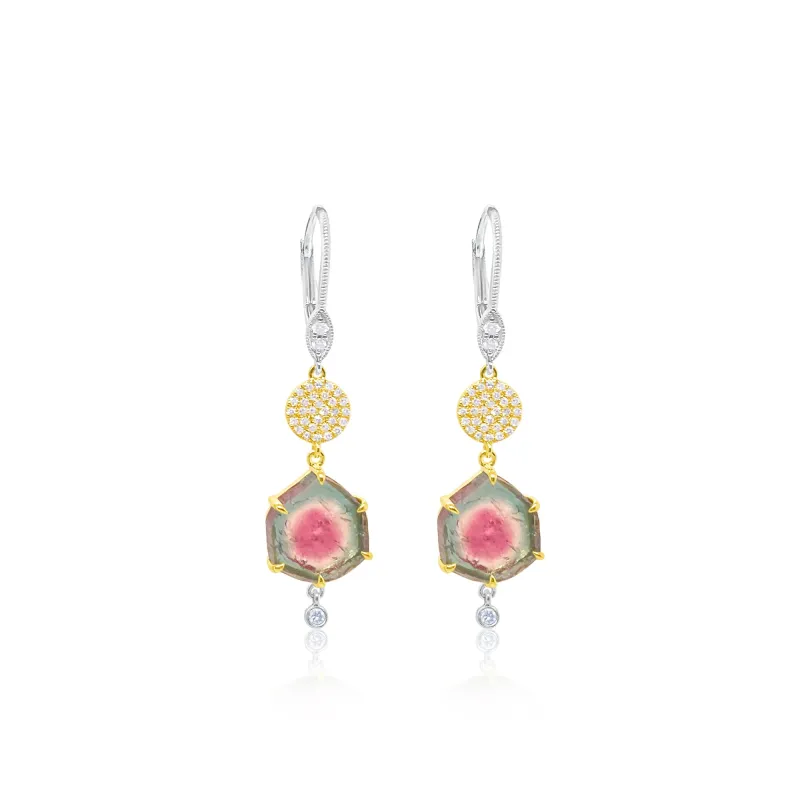 Watermelon Tourmaline Gold and Diamond Drop Earrings sold by Meira T
