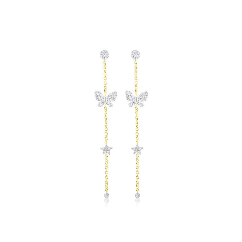 Silver and Gold Drop Butterfly Star Diamond Earrings sold by Meira T