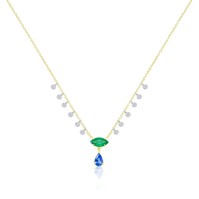 Yellow Gold Blue Sapphire Emerald and Diamond Necklace sold by Meira T