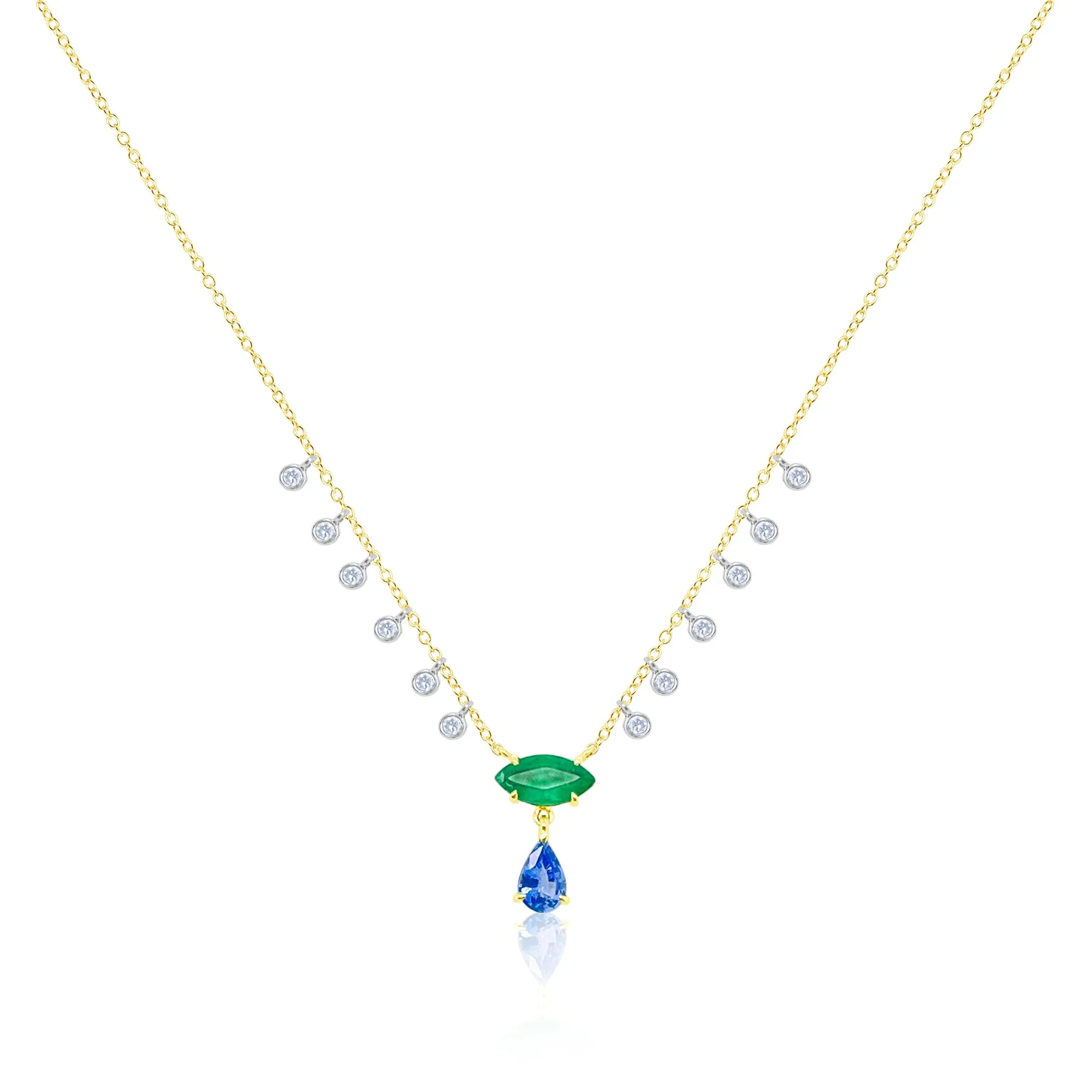 Yellow Gold Blue Sapphire Emerald and Diamond Necklace sold by Meira T