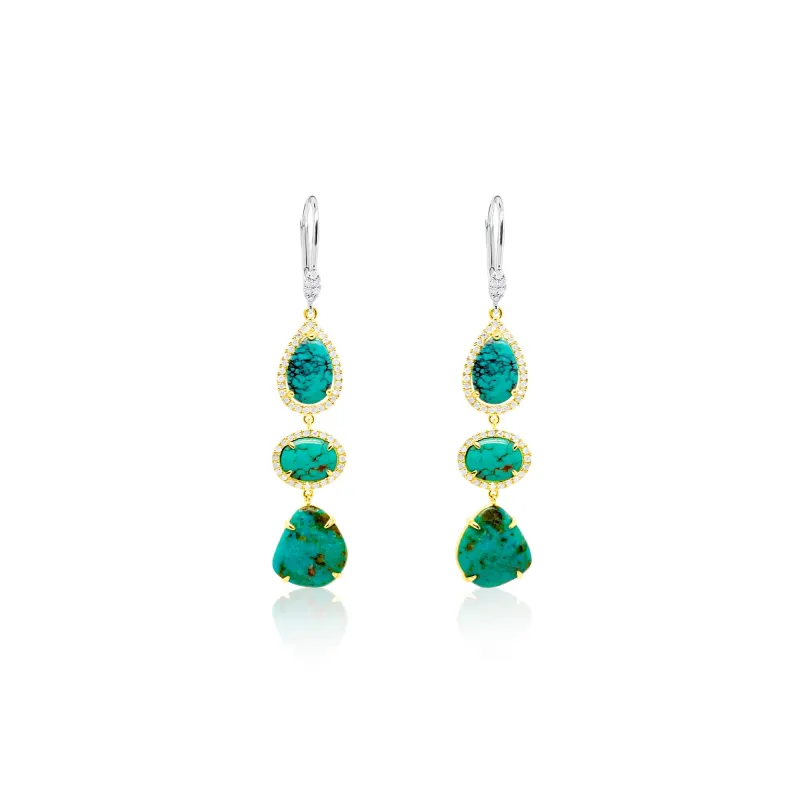 Two Tone Silver Turquoise Gemstone Diamond Earrings made by Meira T