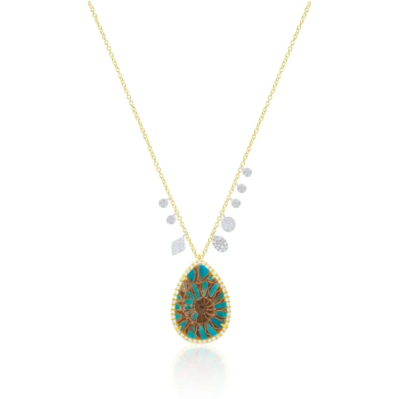 14kt Yellow Gold Turquoise Fossil Silver Center Diamond Necklace sold by Meira T
