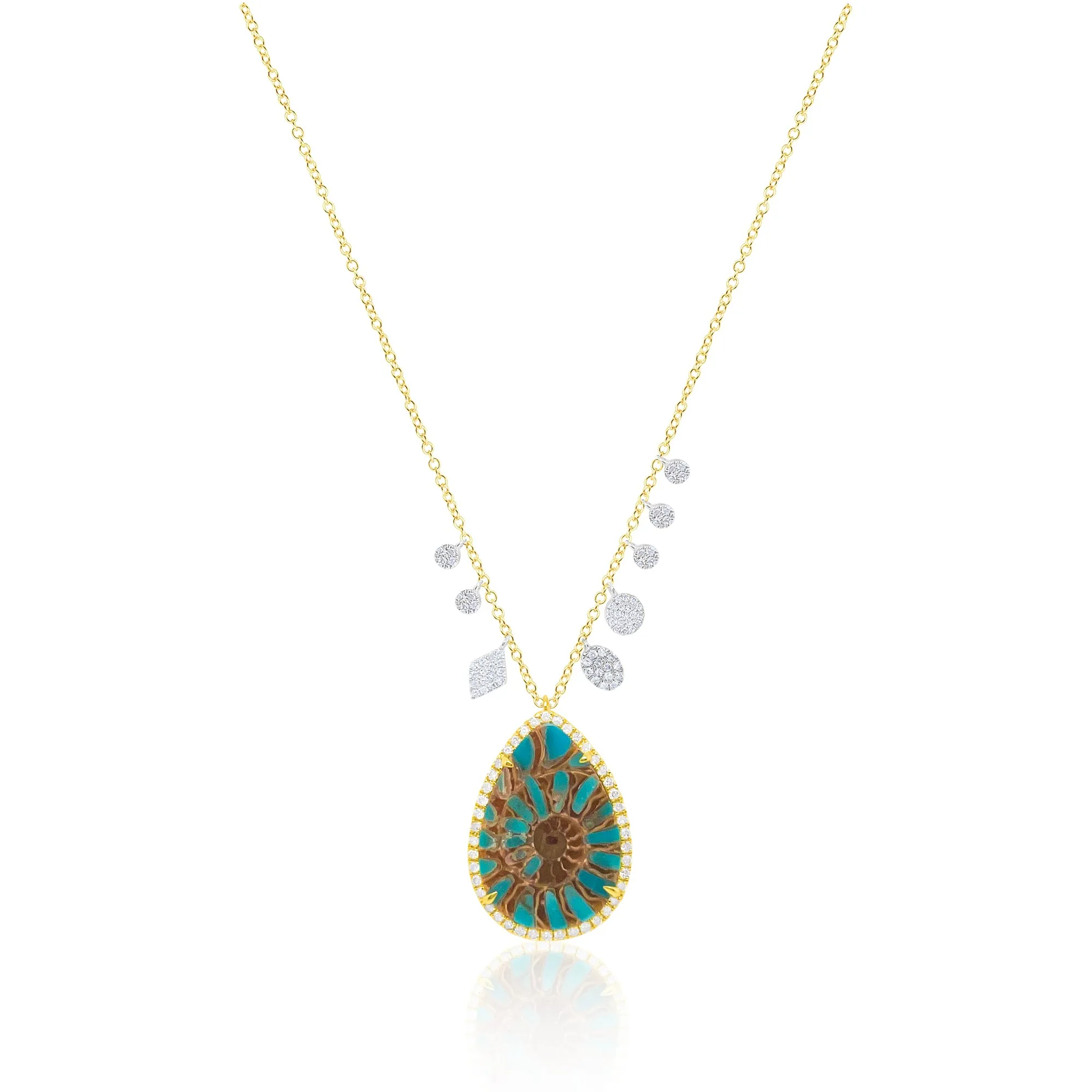 14kt Yellow Gold Turquoise Fossil Silver Center Diamond Necklace sold by Meira T
