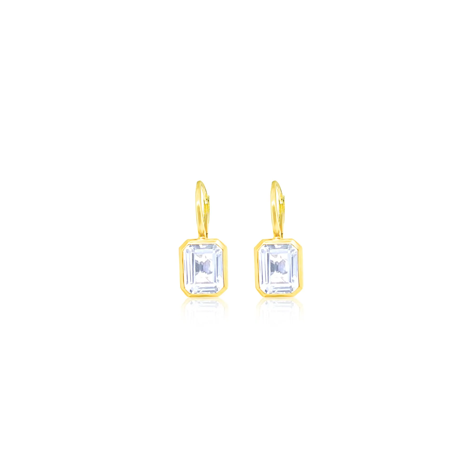 14kt Yellow Gold White Topaz Emerald Cut Lever Back Diamond Earrings Bezel Set sold by Meira T