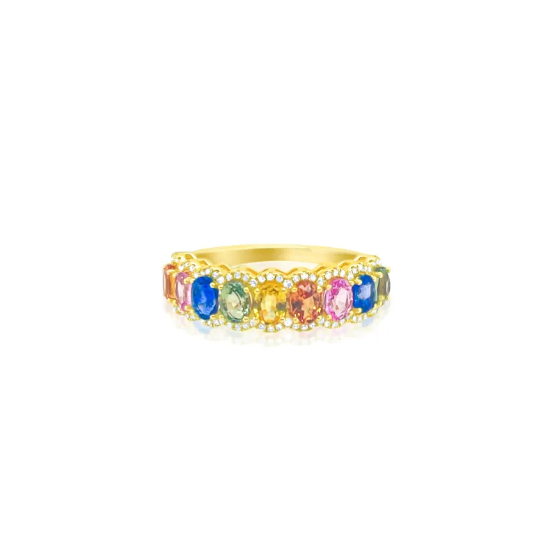 14kt Yellow Gold Rainbow Sapphire and Diamond Eternity Band Half Way sold by Meira T