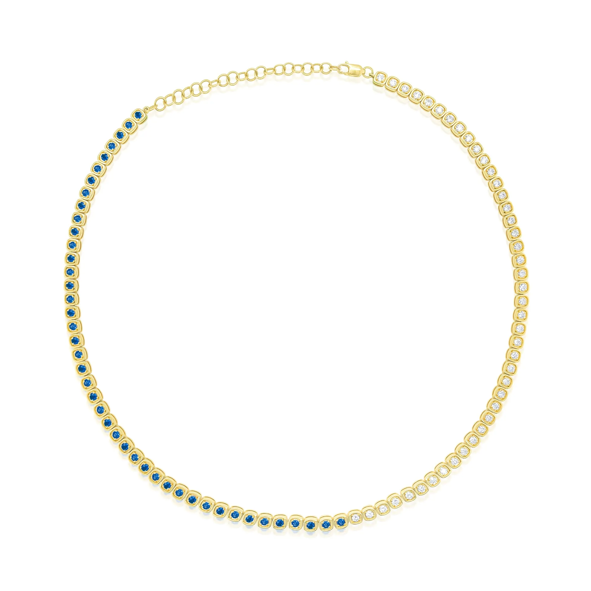 Yellow Gold Diamond and Blue Sapphire Tennis Necklace sold by Meira T