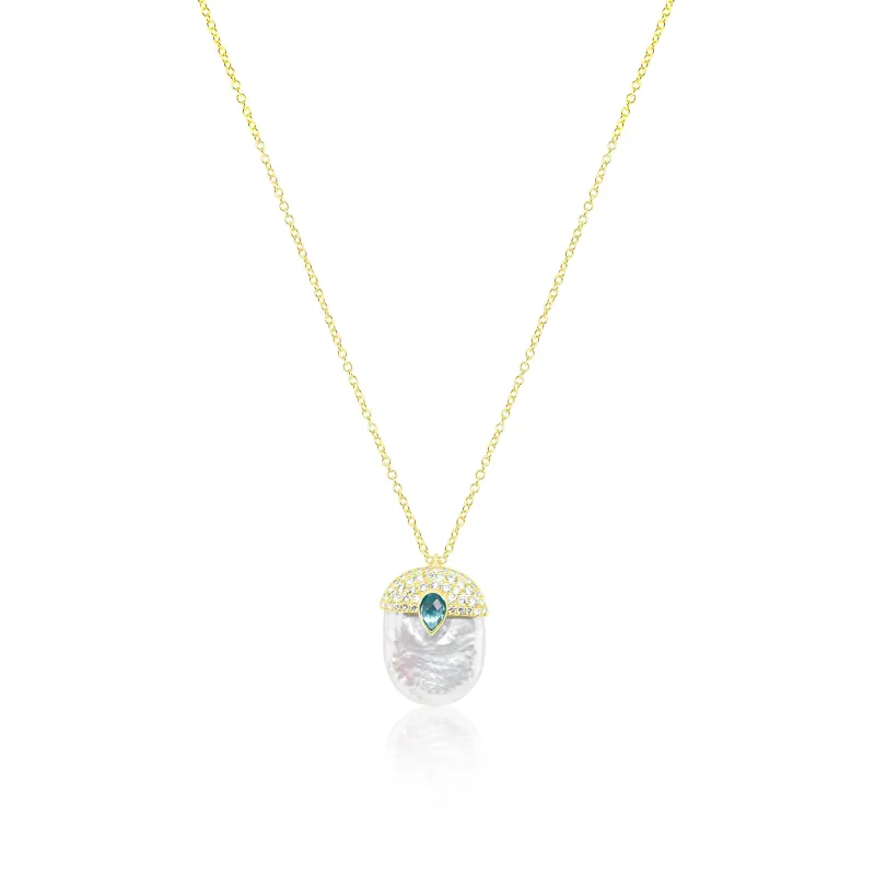 14kt Yellow Gold Pearl Diamond and Blue Topaz Pendant Necklace sold by Meira T