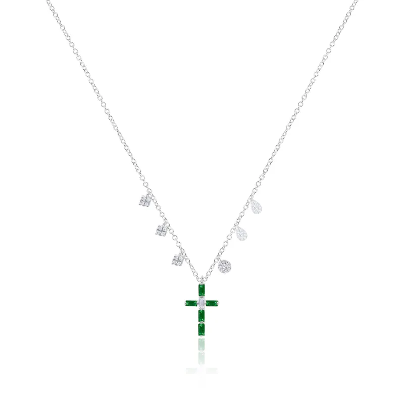 14kt White Gold Emerald Cross Diamond Necklace sold by Meira T