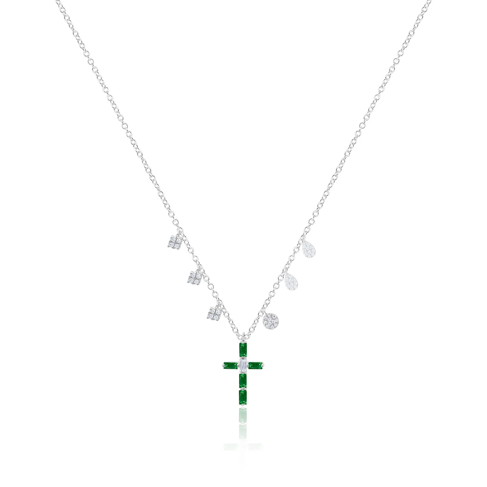 14kt White Gold Emerald Cross Diamond Necklace sold by Meira T
