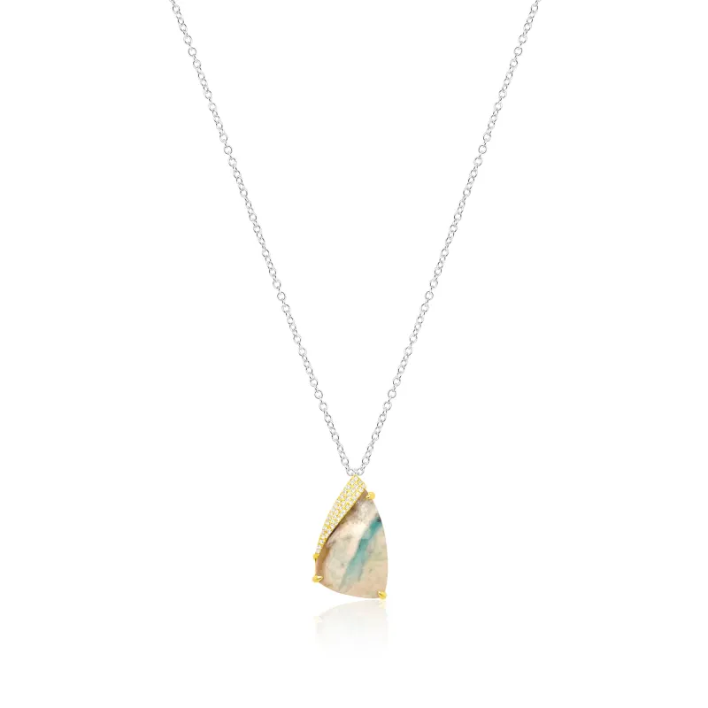 14kt White Gold Two Toned Diamond and Opalized Wood Pendant Necklace sold by Meira T