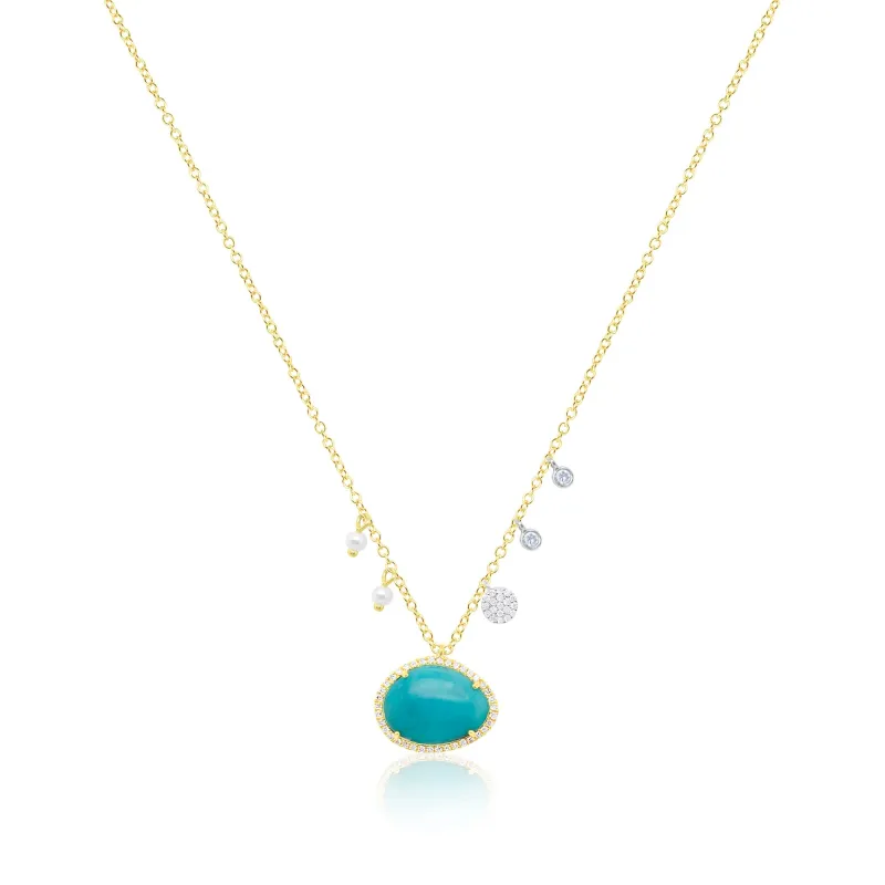 14kt Yellow Gold Diamond Pearl and Turquoise Necklace sold by Meira T
