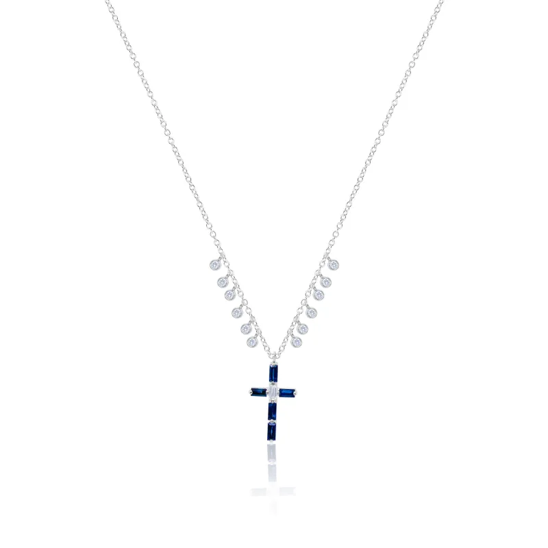 14kt White Gold Blue Sapphire Diamond Cross Necklace sold by Meira T