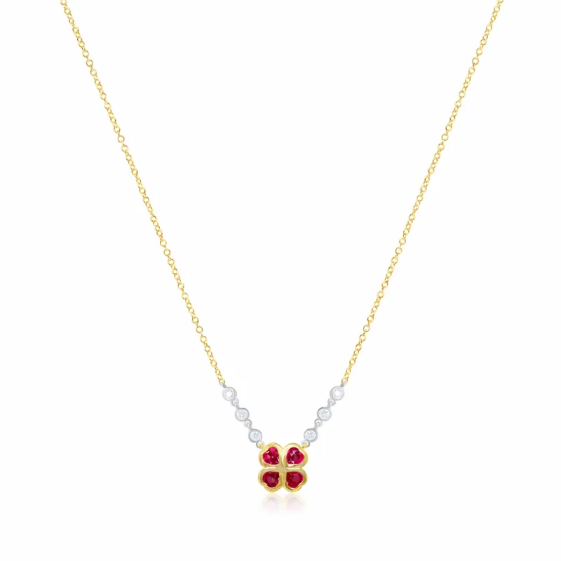 Yellow Gold Ruby Clover Necklace with Diamonds sold by Meira T