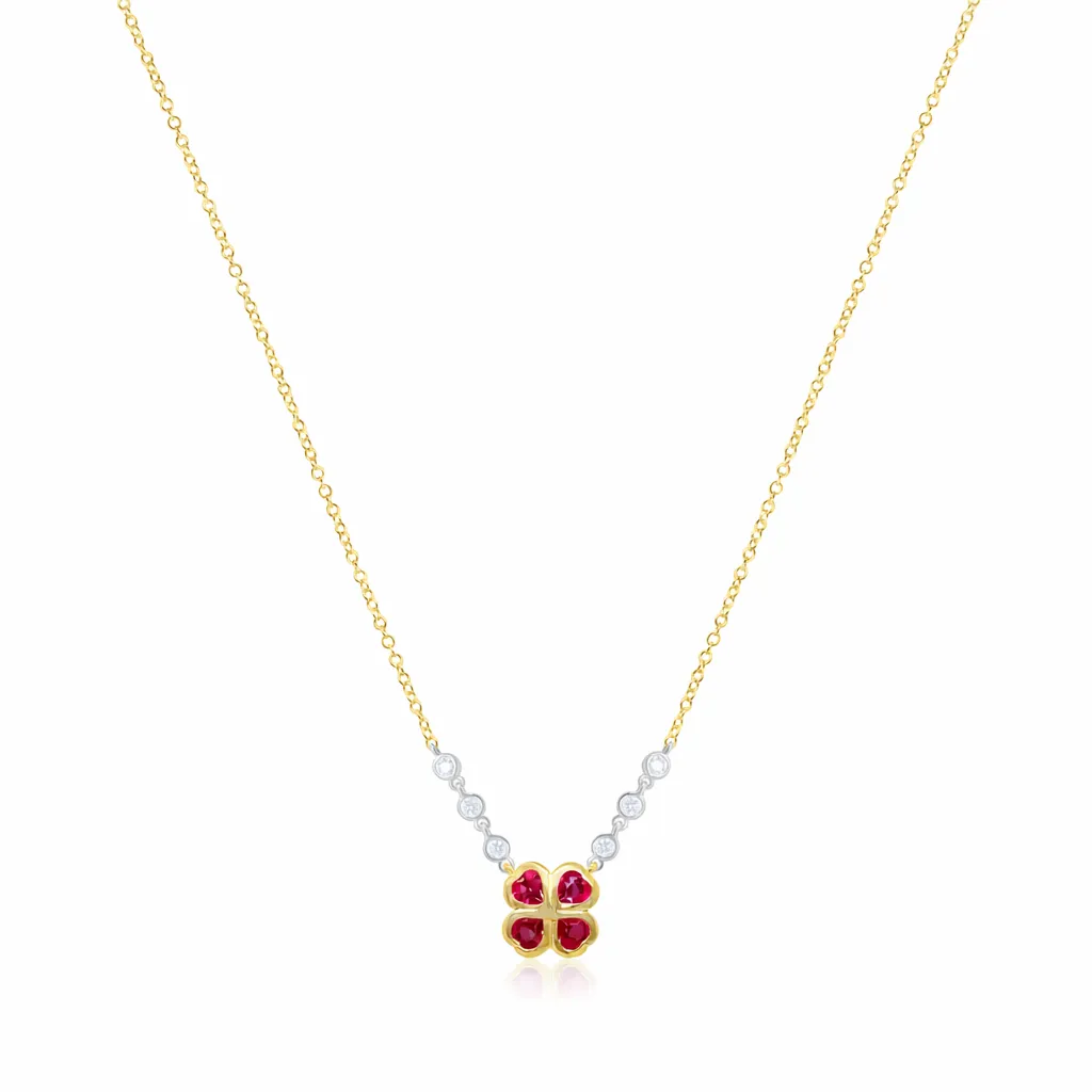 Yellow Gold Ruby Clover Necklace with Diamonds sold by Meira T