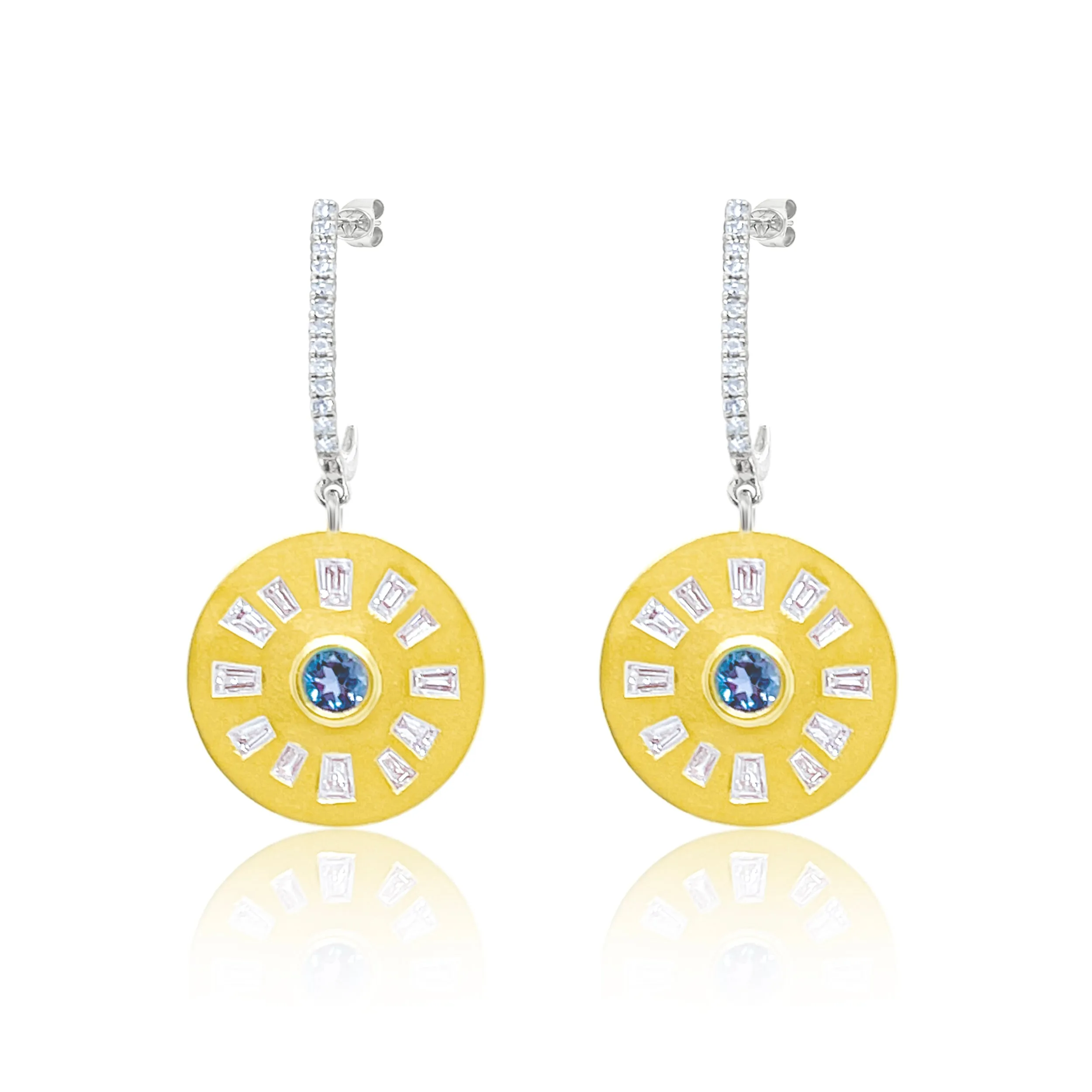 Yellow Gold Baguette diamond and Blue Topaz Earrings sold by Meira T