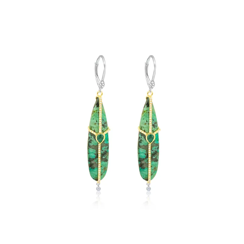 14kt Gold Turquoise with Diamond and Emerald Drop Earrings sold by Meira T