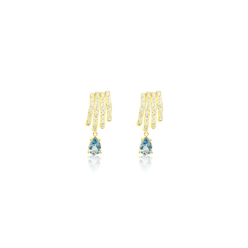 14kt Yellow Gold Diamond and Blue Topaz Drop Hoops made by Meira T