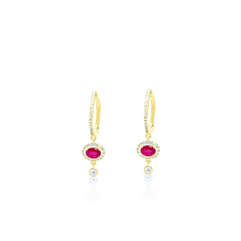 14kt Yellow Gold Diamond and Ruby Drop Hoop Earrings sold by Meira T