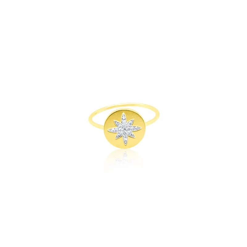 14kt Yellow Gold Disc Ring with Diamond Floral Motif made by Meira T