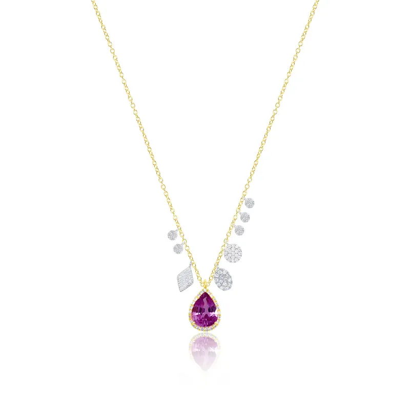 14kt Yellow Gold Pink Sapphire Teardrop Gemstone and Diamond Charm Necklace sold by Meira T