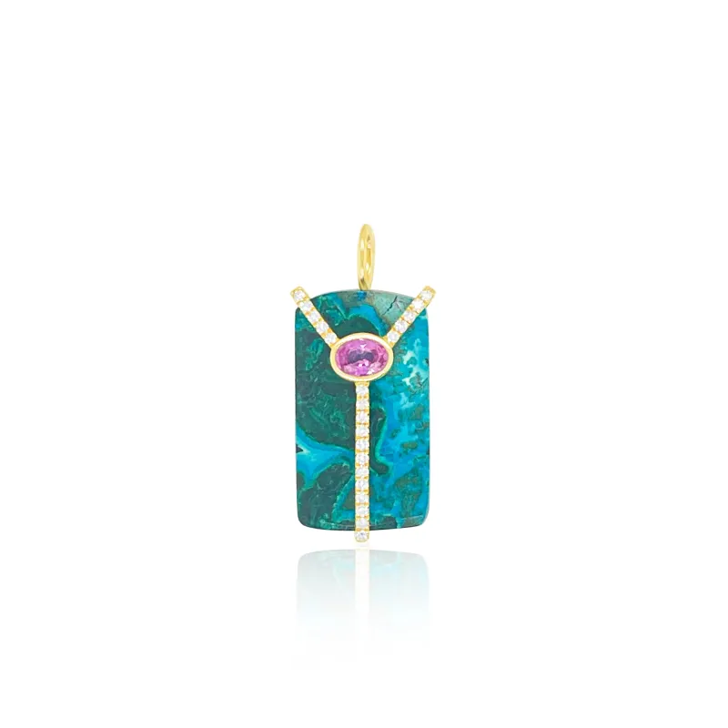 14kt Yellow Gold Chrysocolla and Pink Sapphire with Diamond Pendant sold by Meira T