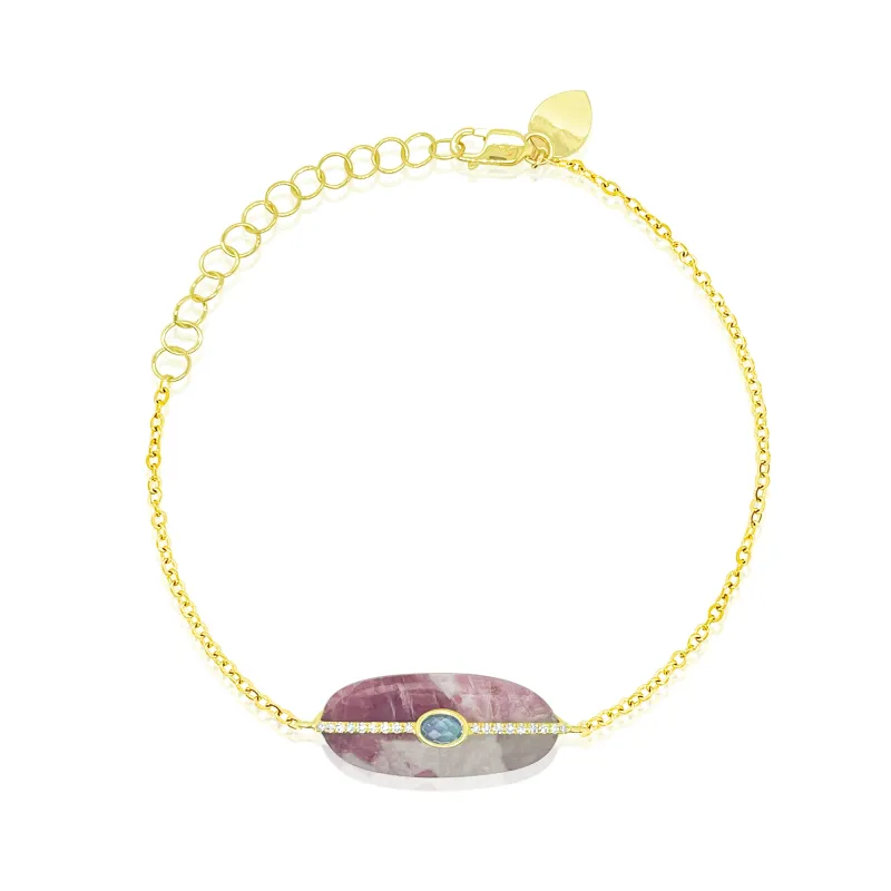 14kt Yellow Gold Pink Tourmaline with Blue Topaz and Diamond Pendant Bracelet made by Meira T