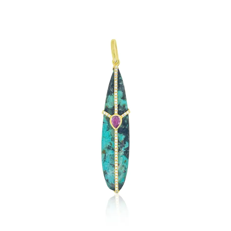 14kt Yellow Gold Turquoise Pendant with Diamond and Pink Sapphire sold by Meira T