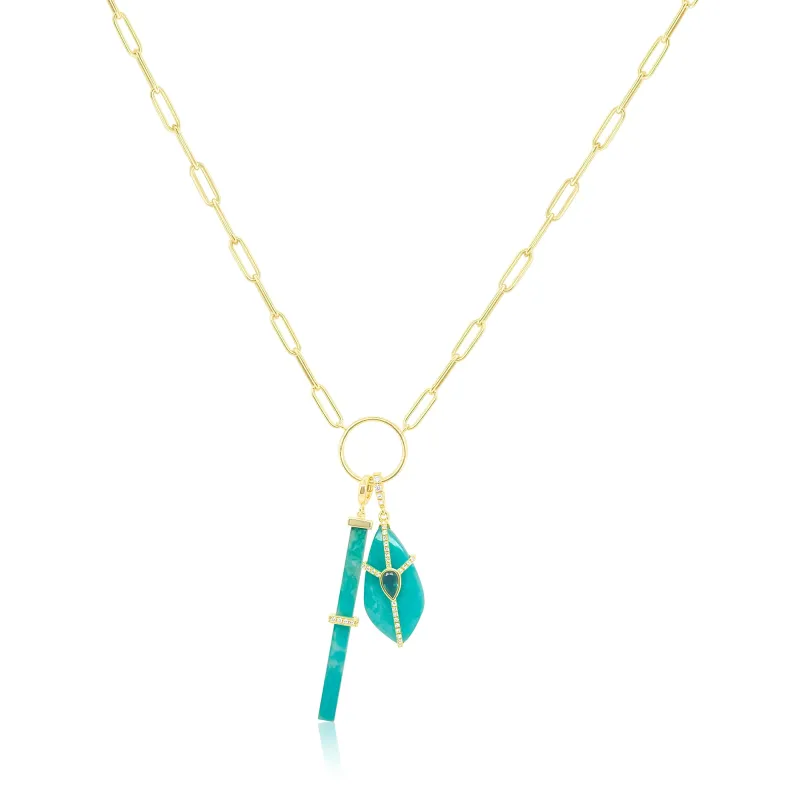 14kt Yellow Gold Amazonite with Emerald and Diamond Charm Necklace made by Meira T