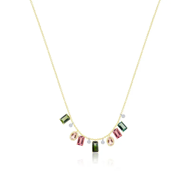 14kt Yellow Gold Tourmaline and Morganite Diamond Fringe Necklace made by Meira T