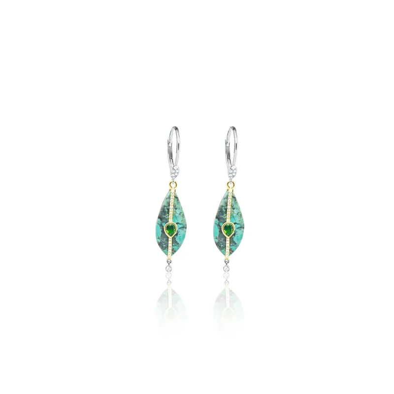 14kt Yellow Gold Turquoise with Chrome and Diamond Drop Earrings made by Meira T
