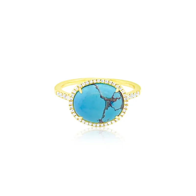 Yellow Gold Turquoise and Diamond Round Ring made by Meira T