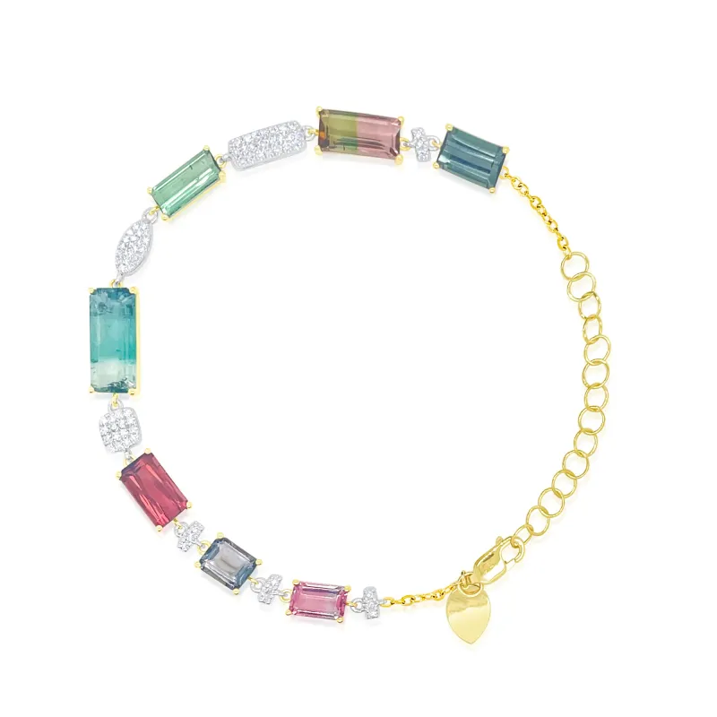Yellow Gold Multicolor Tourmaline and Diamond Gemstone Bracelet made by Meira T