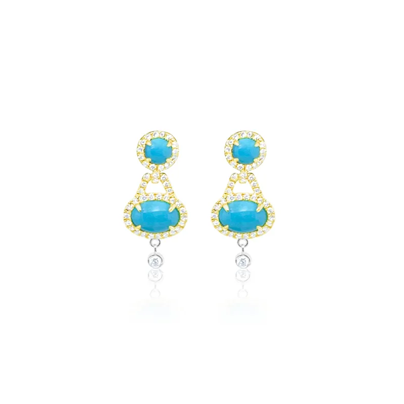 Yellow Gold Turquoise and Diamond Round Drop Earrings made by Meira T