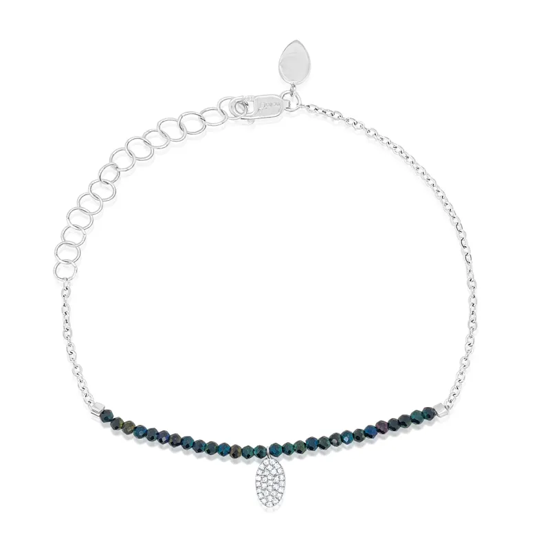 White Gold Hematite Half Beaded Bracelet with Oval Diamond Charm made by Meira T