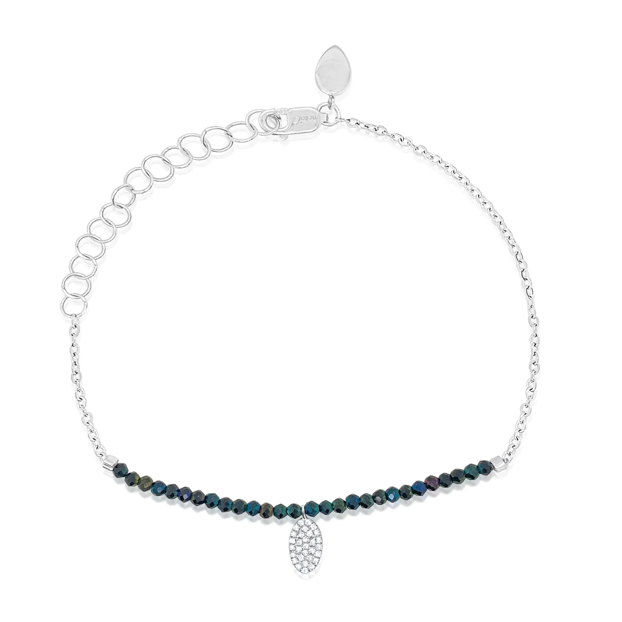 White Gold Hematite Half Beaded Bracelet with Oval Diamond Charm sold by Meira T