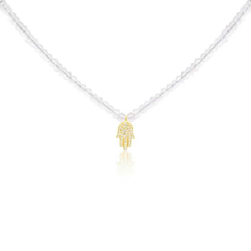 Yellow Gold Clear Beaded Necklace with Diamond Hamsa Charm made by Meira T