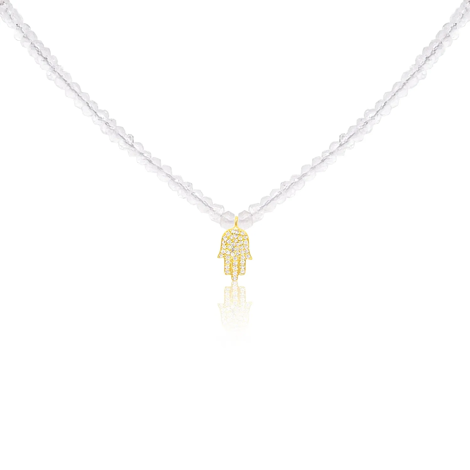 Yellow Gold Clear Beaded Necklace with Diamond Hamsa Charm sold by Meira T