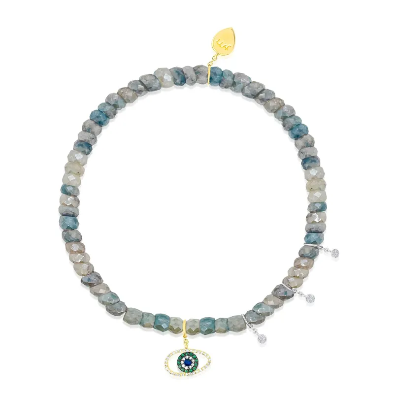 Yellow Gold Hematite Beaded Bracelet with Diamond Charms made by Meira T