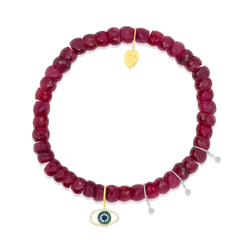 Yellow Gold Ruby Beaded Bracelet with Diamond Charms made by Meira T
