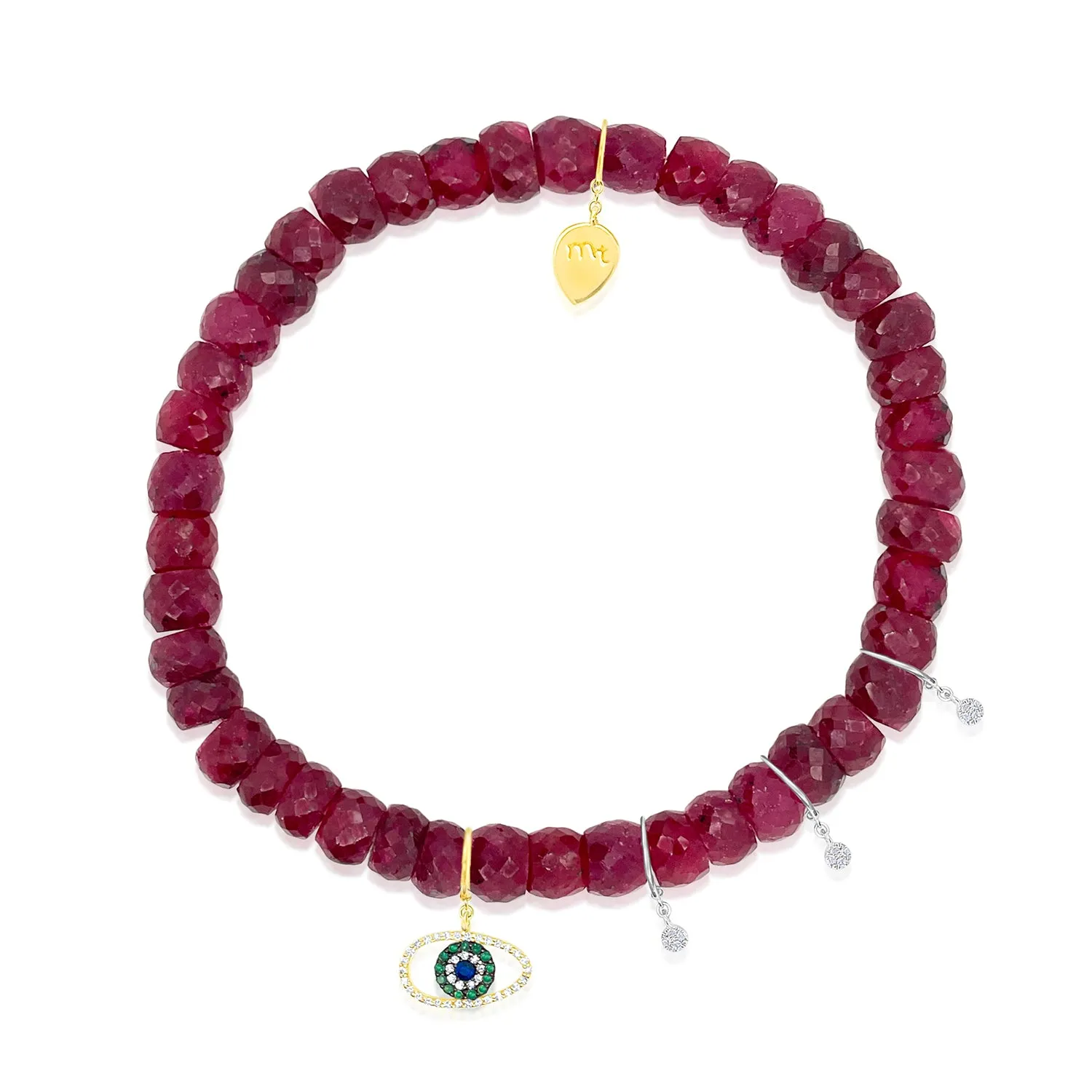Yellow Gold Ruby Beaded Bracelet with Diamond Charms sold by Meira T