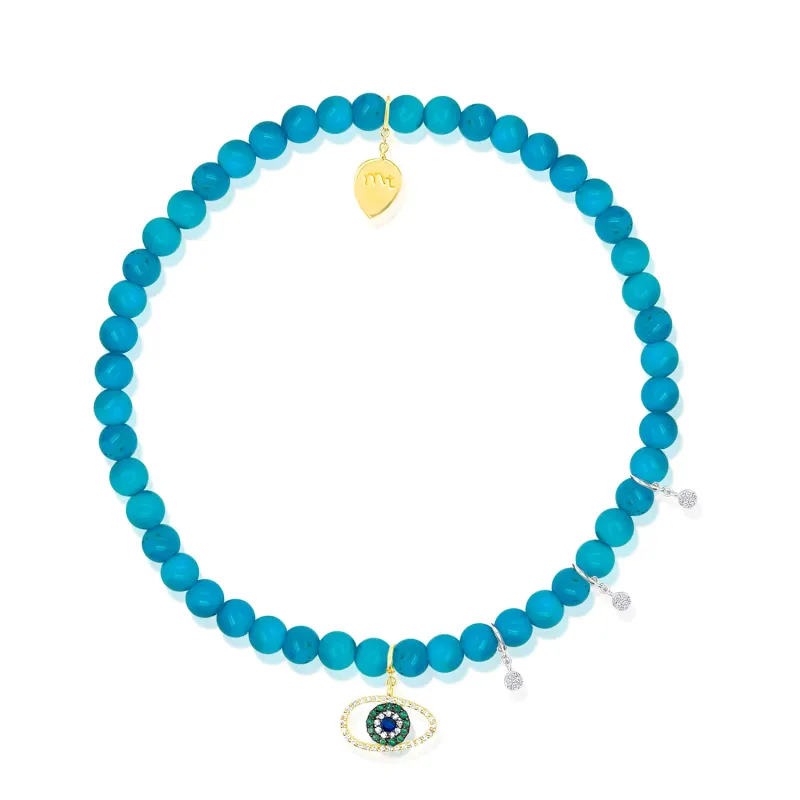 Yellow Gold Turquoise Beaded Bracelet with Diamond Charms made by Meira T