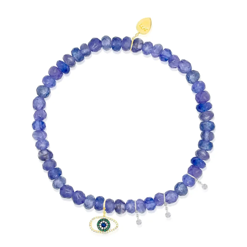 Yellow Gold Purple Beaded Bracelet with Diamond Charms made by Meira T
