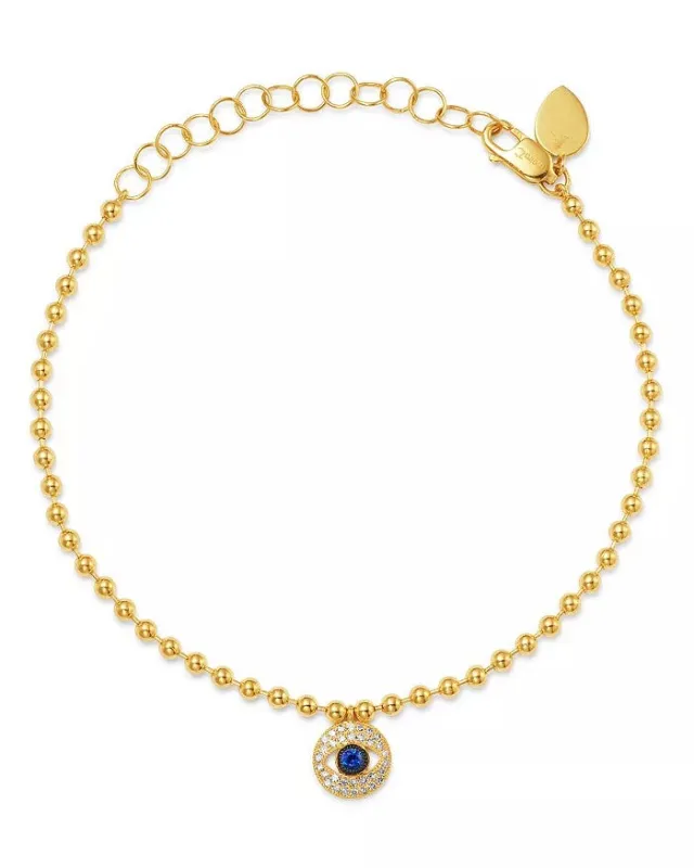 Ball Chain Diamond Evil Eye Bracelet with Blue Sapphire Center 14kt Yellow Gold made by Meira T