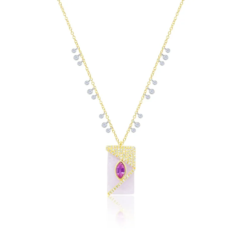 Yellow Gold Purple Jade and Pink Sapphire Necklace with Diamond Fringe made by Meira T