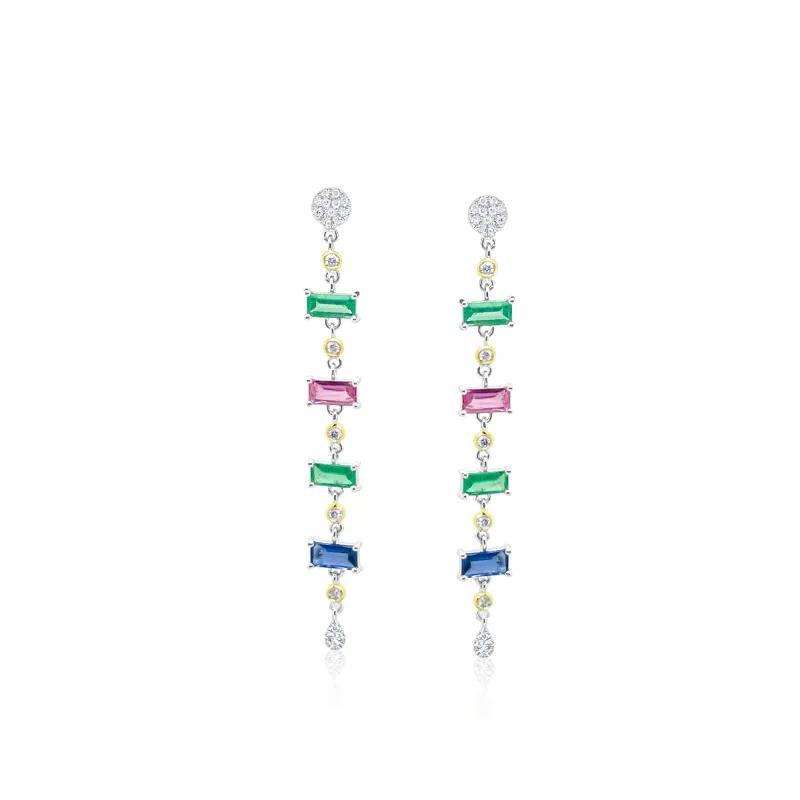 White Gold Diamond and Multicolor Stone Drop Earring made by Meira T