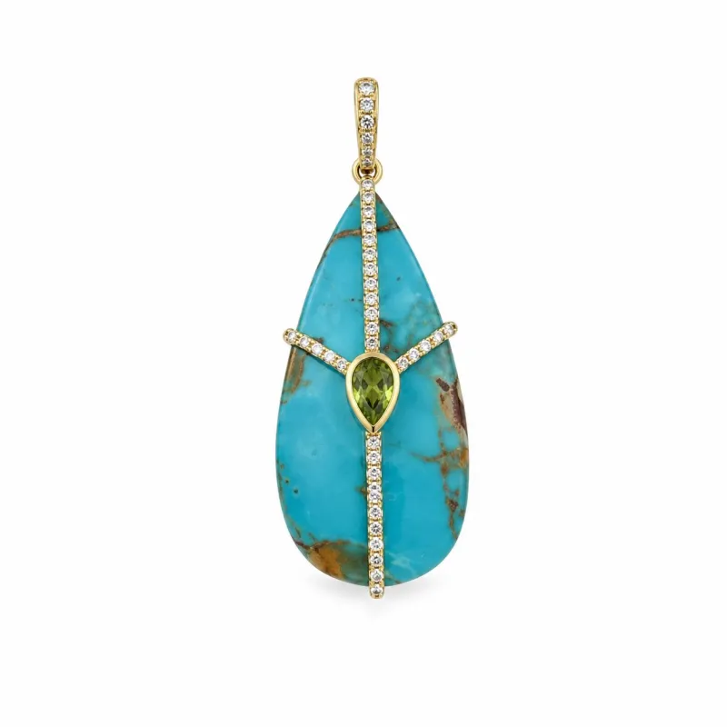 Yellow Gold Turquoise and Peridot Pendant made by Meira T